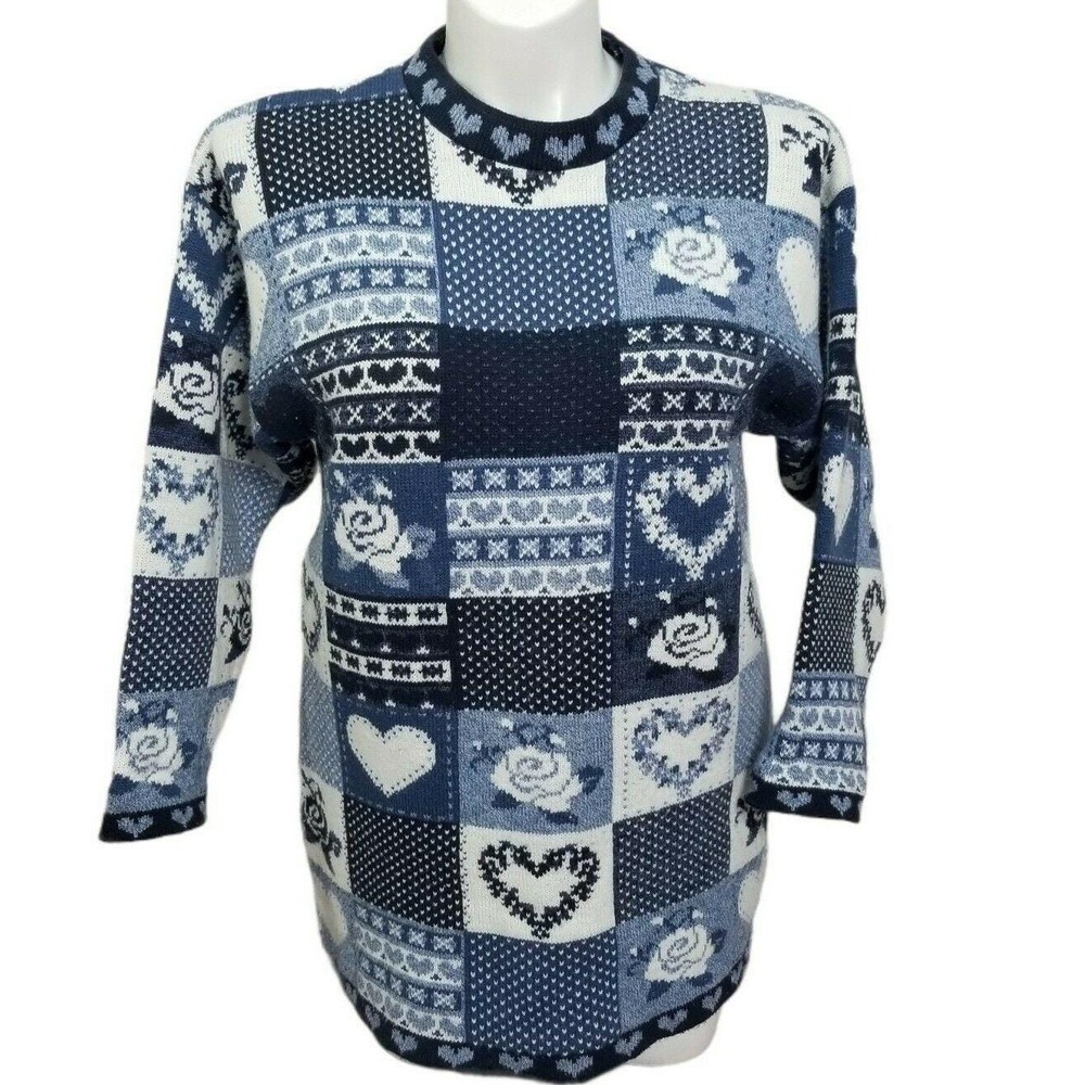 Grace Vintage Blue Patchwork Heart Rose Knit Sweater L Grannycore Cozy Folk Art